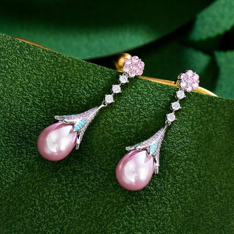 Luxury Pearl Drop Earrings with Crystal Floral Design