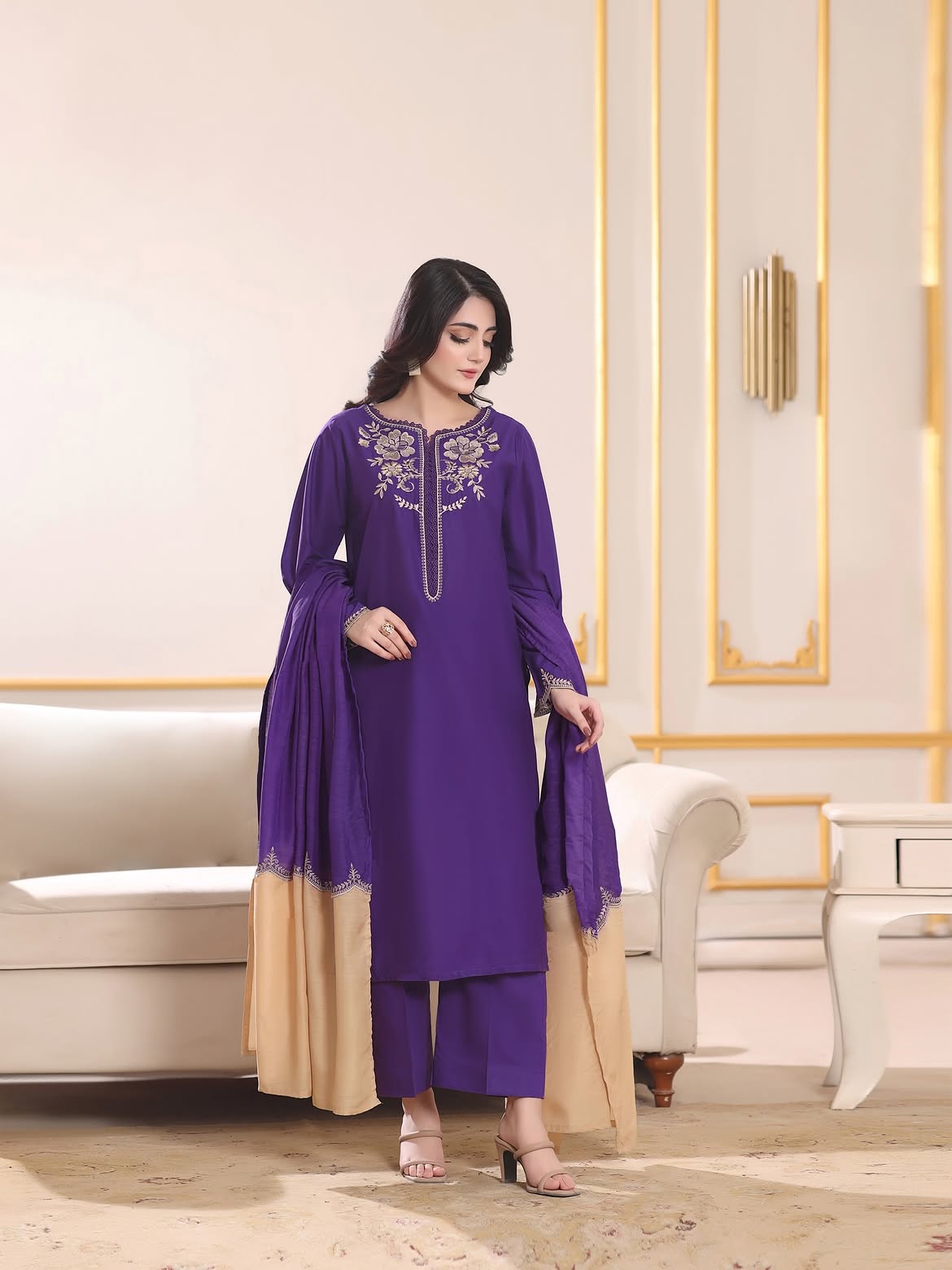 Royal Purple Embroidered Cotton 3-Piece