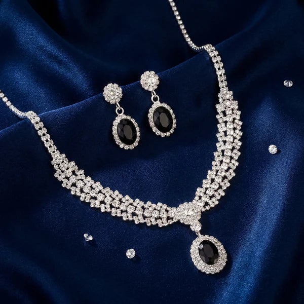 Elegant Crystal & Black Gemstone Necklace and Earring Set