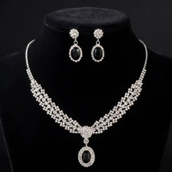 Elegant Crystal & Black Gemstone Necklace and Earring Set