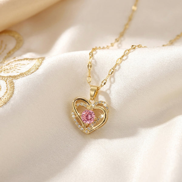Elegant Double Heart Pink Crystal Necklace