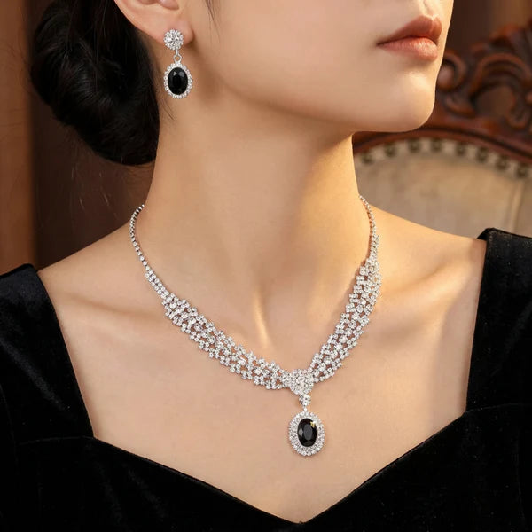 Elegant Crystal & Black Gemstone Necklace and Earring Set