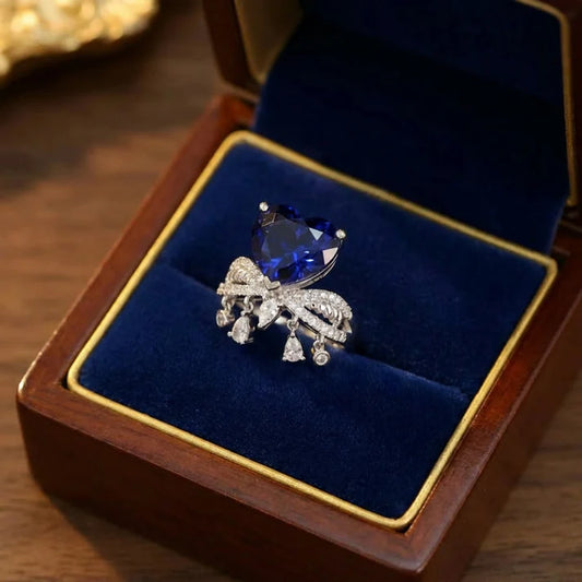 Elegant Blue Heart Crystal Bow Ring for Women