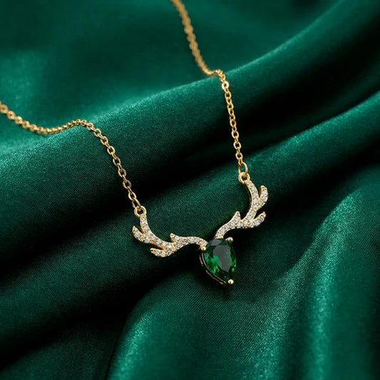 Elegant Deer Antler Green Crystal Necklace