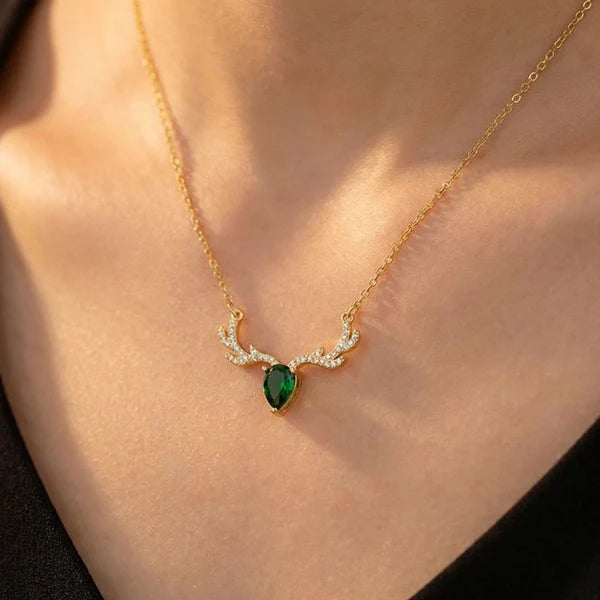 Elegant Deer Antler Green Crystal Necklace