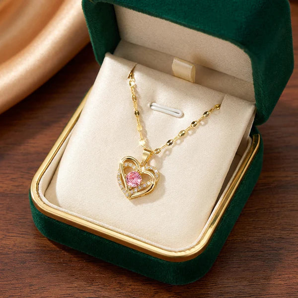 Elegant Double Heart Pink Crystal Necklace