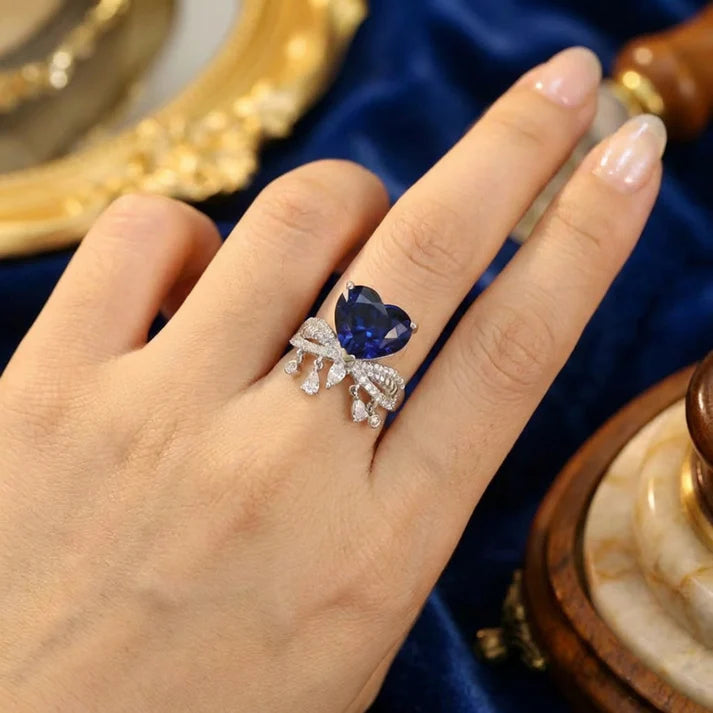 Elegant Blue Heart Crystal Bow Ring for Women