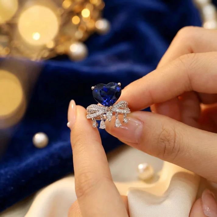 Elegant Blue Heart Crystal Bow Ring for Women