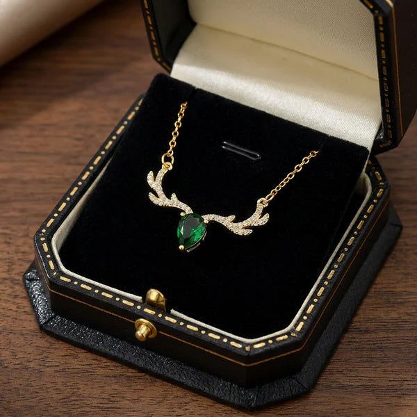 Elegant Deer Antler Green Crystal Necklace