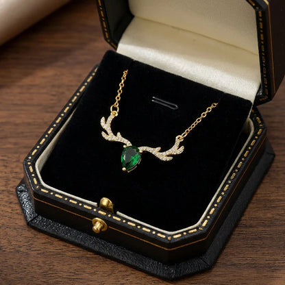 Elegant Deer Antler Green Crystal Necklace