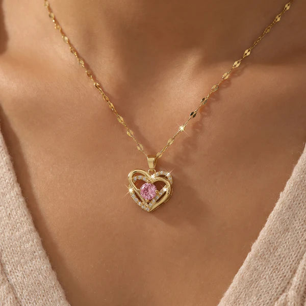 Elegant Double Heart Pink Crystal Necklace