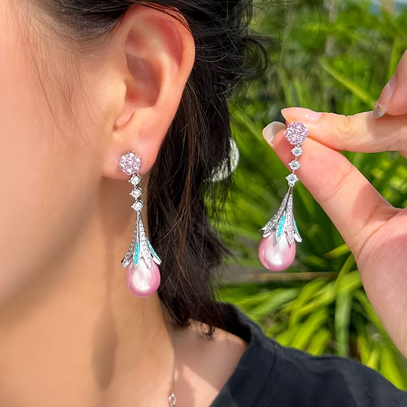 Luxury Pearl Drop Earrings with Crystal Floral Design