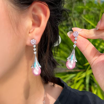 Luxury Pearl Drop Earrings with Crystal Floral Design