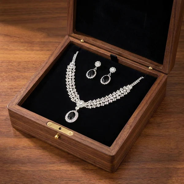 Elegant Crystal & Black Gemstone Necklace and Earring Set