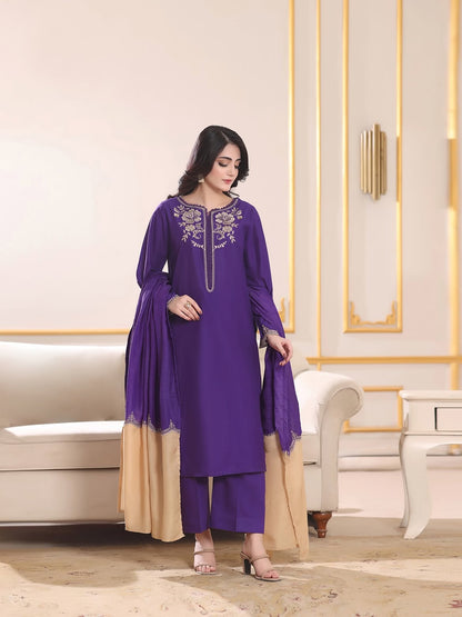 Royal Purple Embroidered Cotton 3-Piece