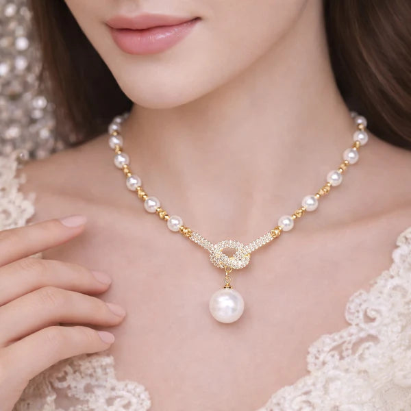 Elegant Infinity Pearl Necklace with Crystal Pendant