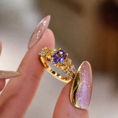 Bloom Amethyst Floral Gemstone Ring – Gold Tone