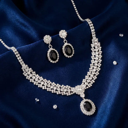Elegant Crystal & Black Gemstone Necklace and Earring Set
