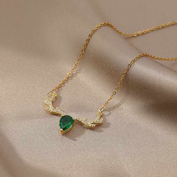 Elegant Deer Antler Green Crystal Necklace