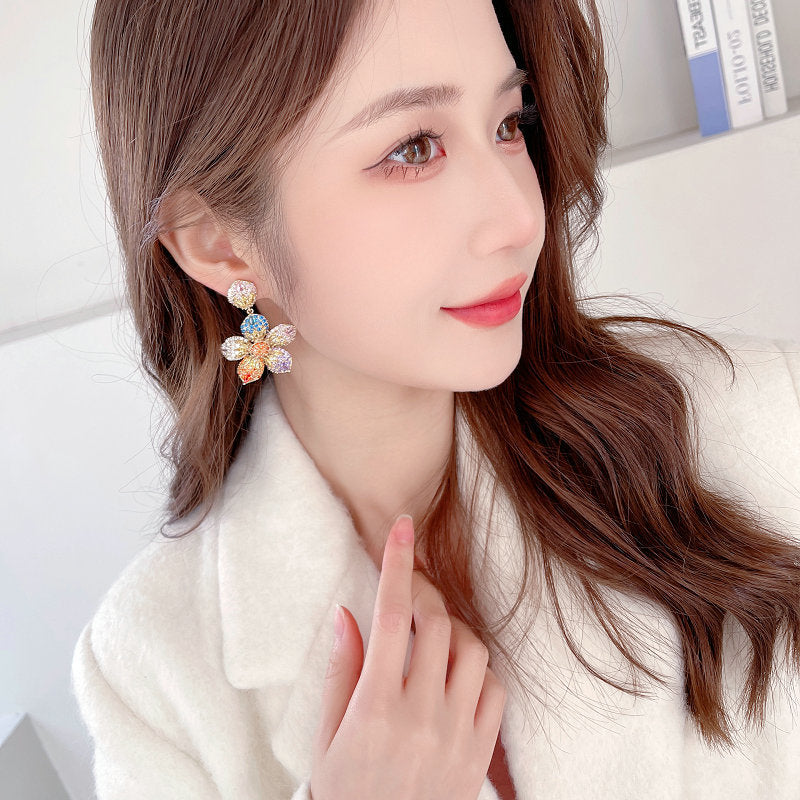 Luxury Multicolor Crystal Flower Drop Earrings for Women – Premium Statement Party Jewelry