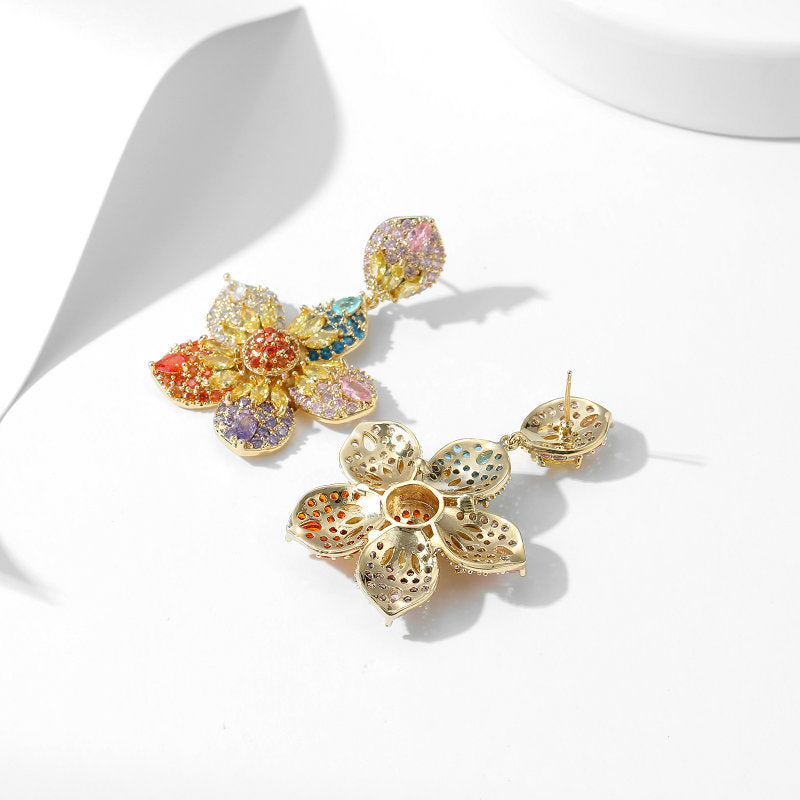 Luxury Multicolor Crystal Flower Drop Earrings for Women – Premium Statement Party Jewelry