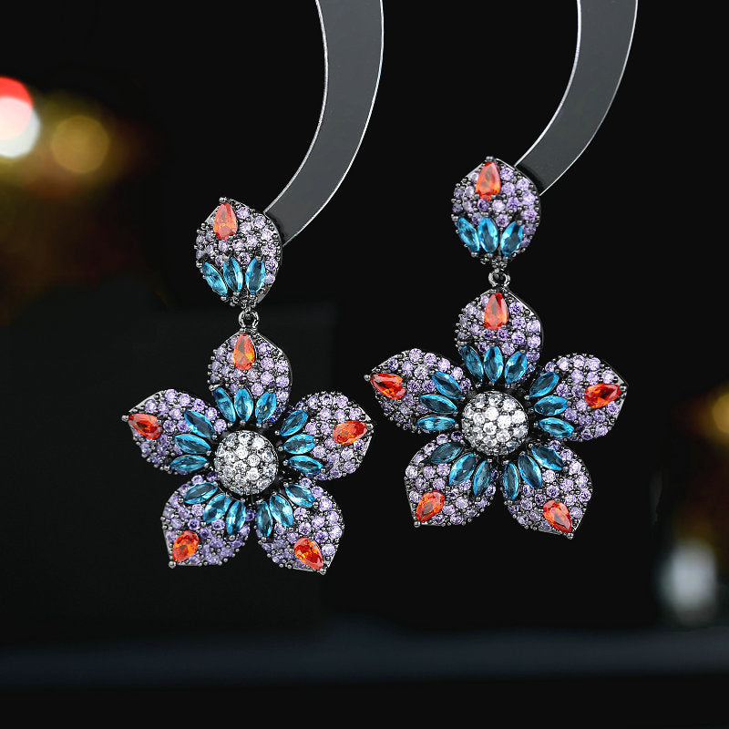 Luxury Multicolor Crystal Flower Drop Earrings for Women – Premium Statement Party Jewelry
