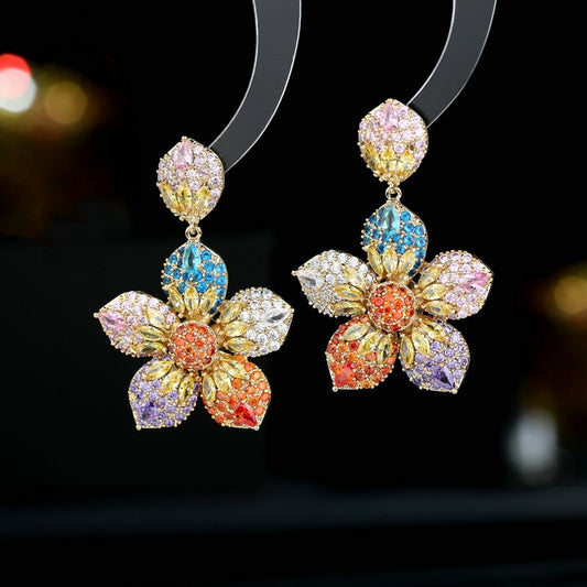Luxury Multicolor Crystal Flower Drop Earrings for Women – Premium Statement Party Jewelry