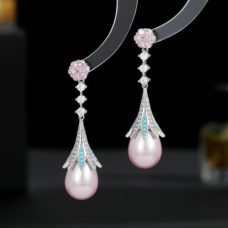 Luxury Pearl Drop Earrings with Crystal Floral Design