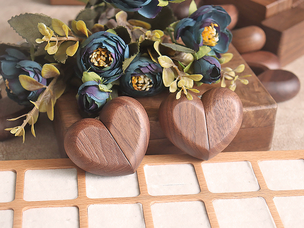 New Pocket-Sized Heart-Shaped Proposal Ring Box Made of Solid North American Black Walnut Wood