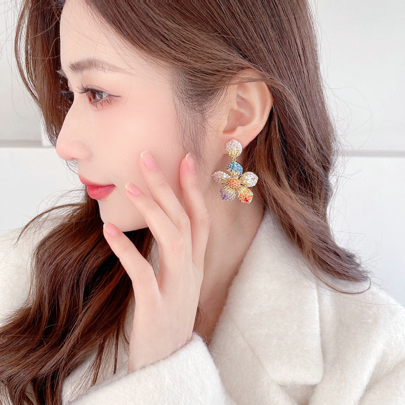 Luxury Multicolor Crystal Flower Drop Earrings for Women – Premium Statement Party Jewelry