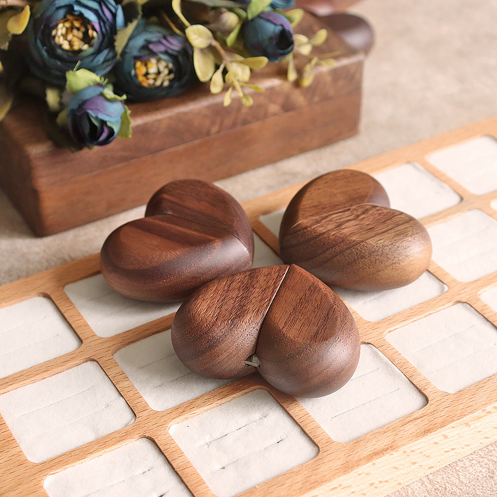 New Pocket-Sized Heart-Shaped Proposal Ring Box Made of Solid North American Black Walnut Wood