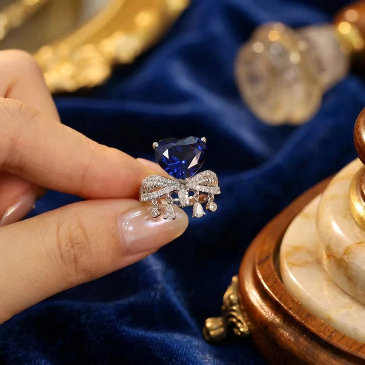 Elegant Blue Heart Crystal Bow Ring for Women