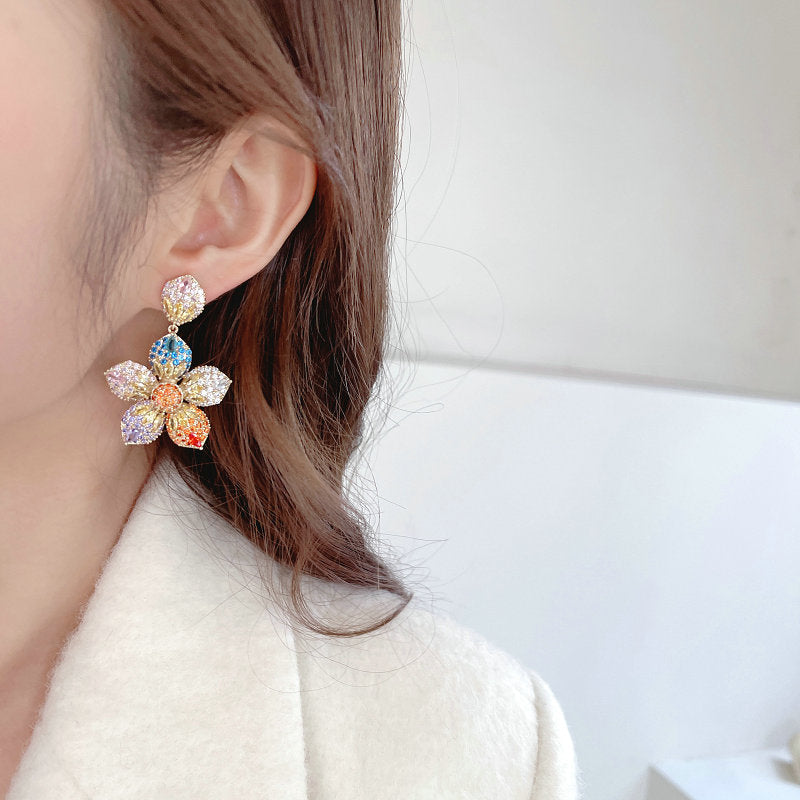Luxury Multicolor Crystal Flower Drop Earrings for Women – Premium Statement Party Jewelry