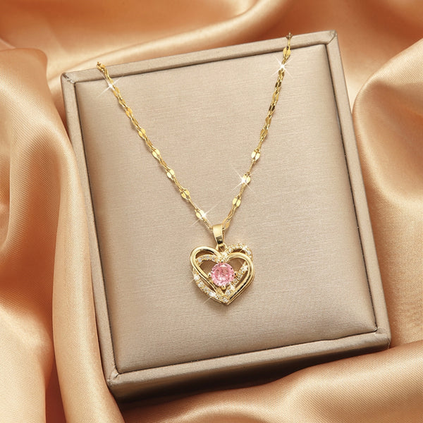 Elegant Double Heart Pink Crystal Necklace