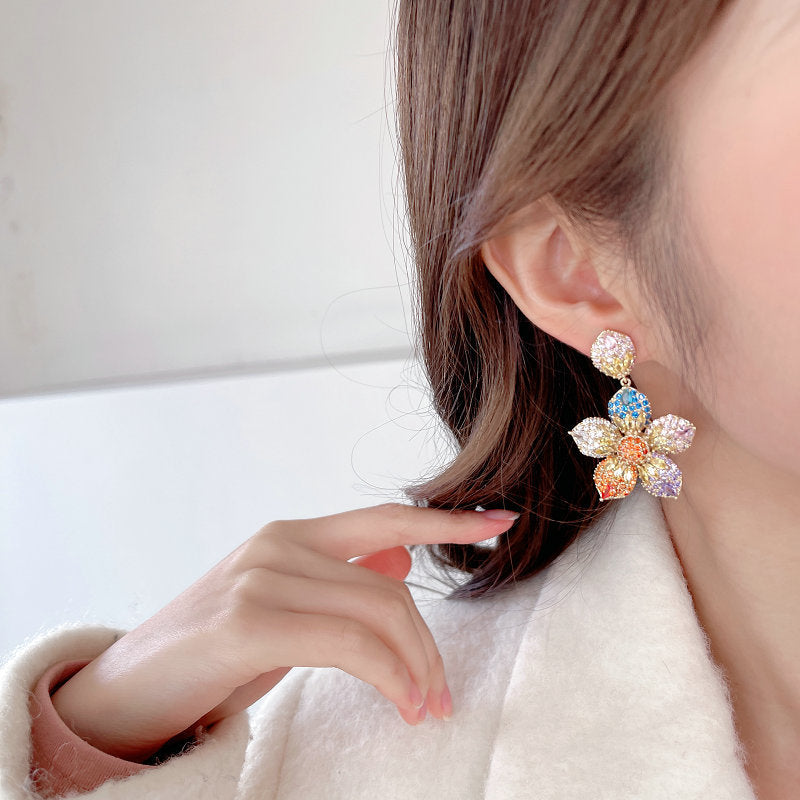 Luxury Multicolor Crystal Flower Drop Earrings for Women – Premium Statement Party Jewelry