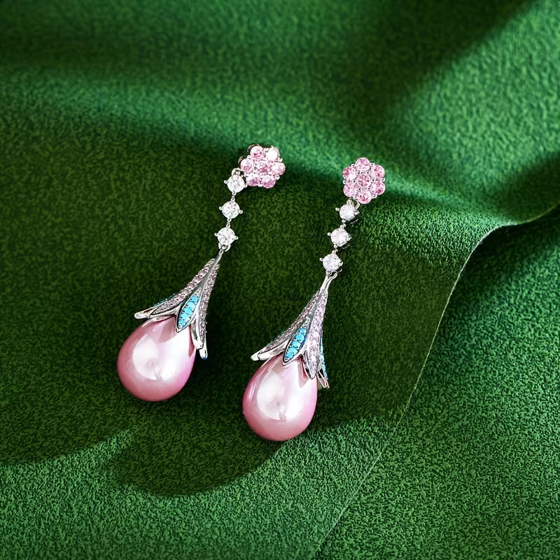 Luxury Pearl Drop Earrings with Crystal Floral Design