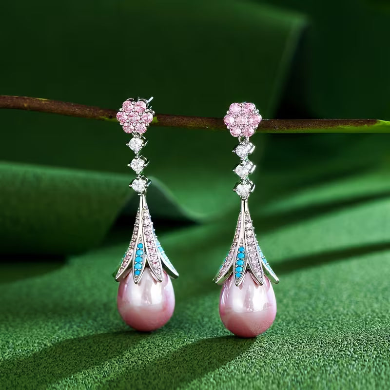 Luxury Pearl Drop Earrings with Crystal Floral Design