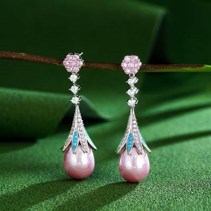 Luxury Pearl Drop Earrings with Crystal Floral Design