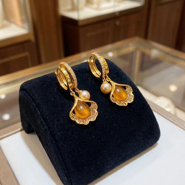Golden Pearl Charm Hoop Earrings