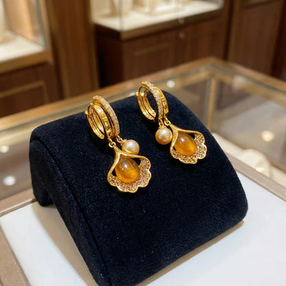 Golden Pearl Charm Hoop Earrings